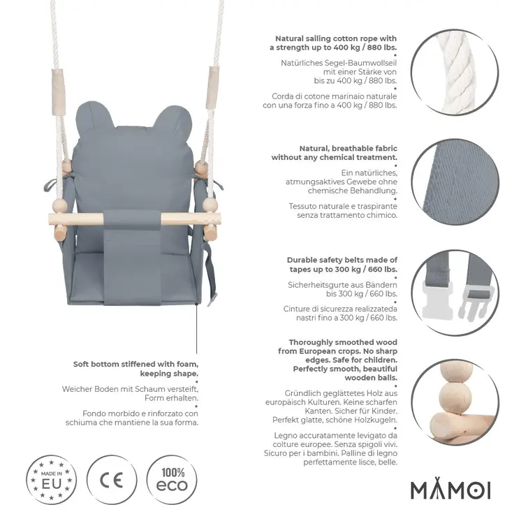 MAMOI® Balancoire interieur pour bebe et enfants, Siege balançoire en bois et en coton pour bébé, Balansoire pour enfant, Balancelle scandinave, Baby swing