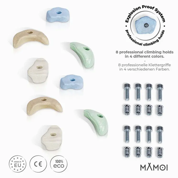 MAMOI® Prises escalade enfant | Prise d escalade 8 pièces | Prise d'escalade enfant | Prise escalade enfant exterieur | Mur escalade enfant | Mur d escalade | Fabriqué dans l’UE