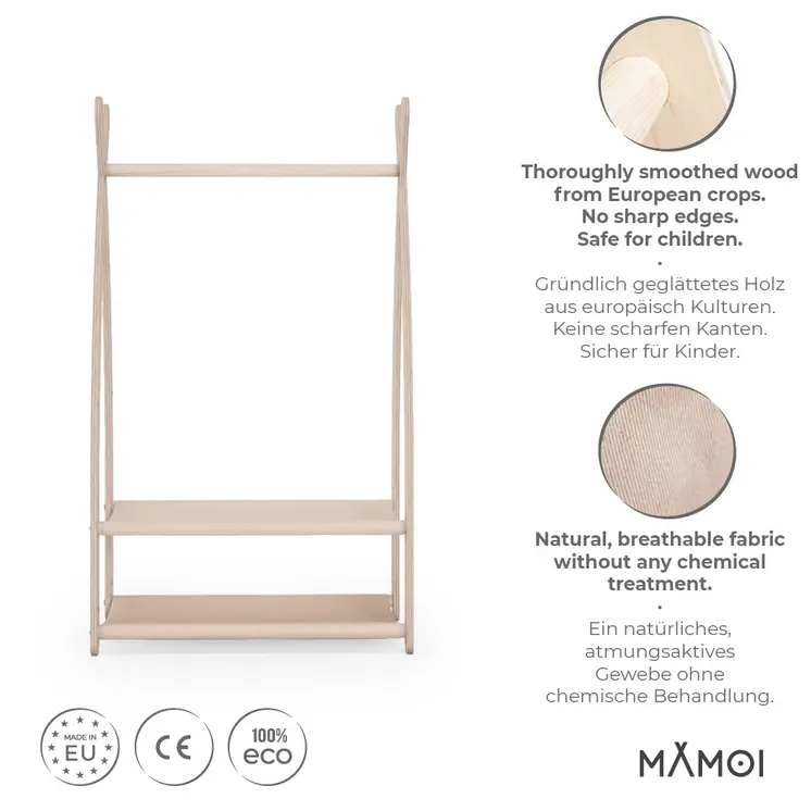 MAMOI® Children clothes rail Beige 53x95x32cm | Dressing up rail for kids made of natural wood | Baby wardrobe clothes storage modern design | Baby accessories | 100% ECO | MADE in EU