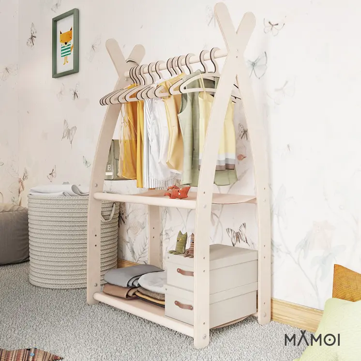MAMOI® Children clothes rail Beige 53x95x32cm | Dressing up rail for kids made of natural wood | Baby wardrobe clothes storage modern design | Baby accessories | 100% ECO | MADE in EU