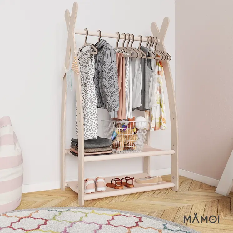 MAMOI® Children clothes rail Beige 53x95x32cm | Dressing up rail for kids made of natural wood | Baby wardrobe clothes storage modern design | Baby accessories | 100% ECO | MADE in EU