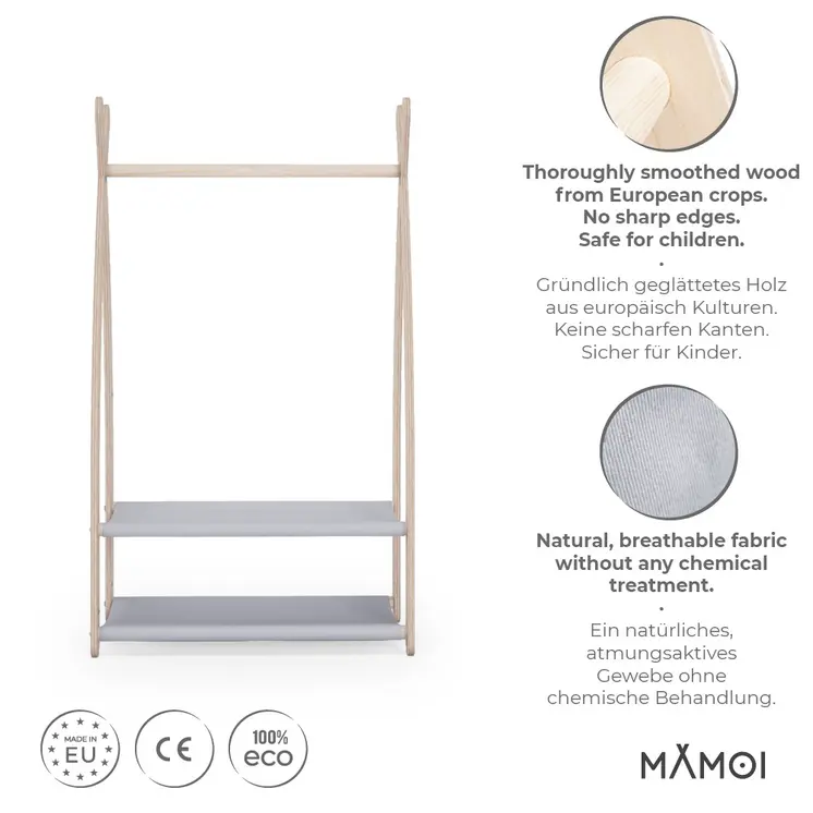 MAMOI® Armadio per Bambini in Legno 95x106x32cm / 53x95x32cm | Appendiabiti bambini da terra | Porta abiti | Guarderoba bambini per la cameretta | Armadio montessori | 100% ECO | Prodotto nell'UE