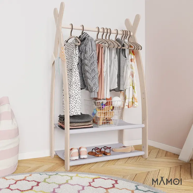 MAMOI® Armadio per Bambini in Legno 95x106x32cm / 53x95x32cm | Appendiabiti bambini da terra | Porta abiti | Guarderoba bambini per la cameretta | Armadio montessori | 100% ECO | Prodotto nell'UE