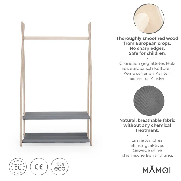 MAMOI® Children clothes rail Grey 53x95x32cm | Dressing up rail for kids made of natural wood | Baby wardrobe clothes storage modern design | Baby accessories | 100% ECO | MADE in EU