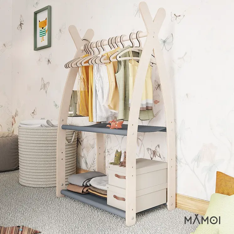 MAMOI® Children clothes rail Grey 53x95x32cm | Dressing up rail for kids made of natural wood | Baby wardrobe clothes storage modern design | Baby accessories | 100% ECO | MADE in EU