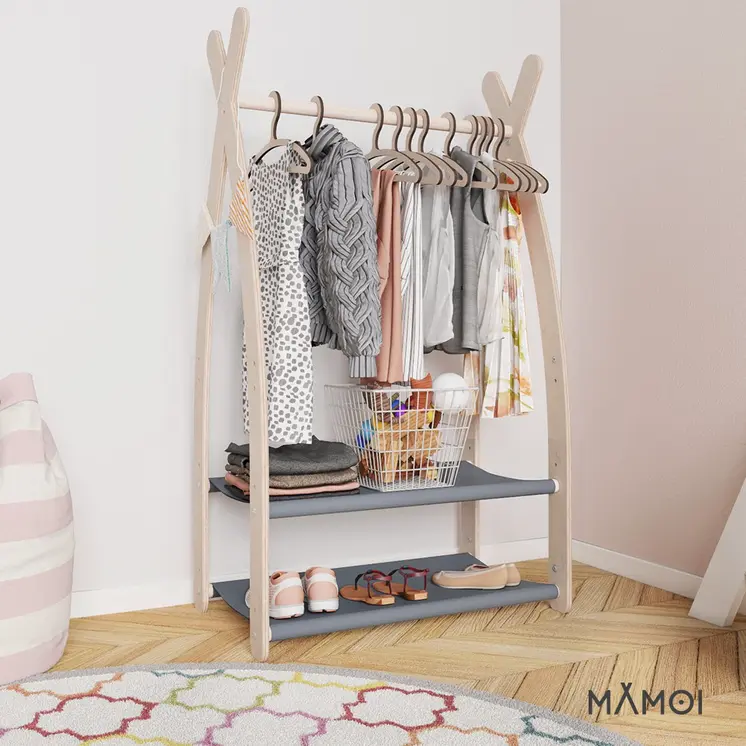 MAMOI® Children clothes rail Grey 53x95x32cm | Dressing up rail for kids made of natural wood | Baby wardrobe clothes storage modern design | Baby accessories | 100% ECO | MADE in EU
