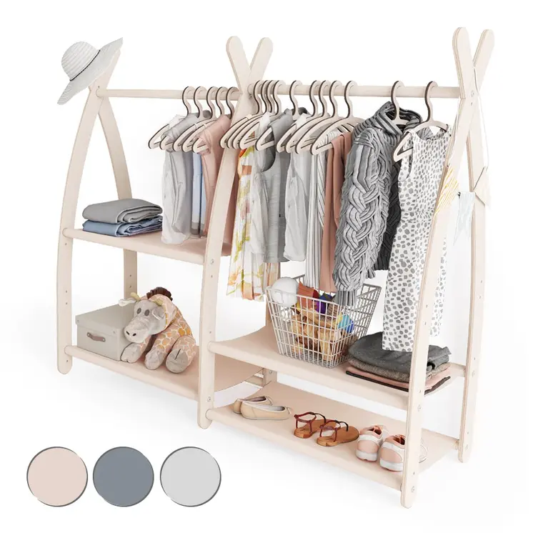 MAMOI® Children clothes rail Beige 95x106x32cm | Dressing up rail for kids made of natural wood | Baby wardrobe clothes storage modern design | Baby accessories | 100% ECO | MADE in EU