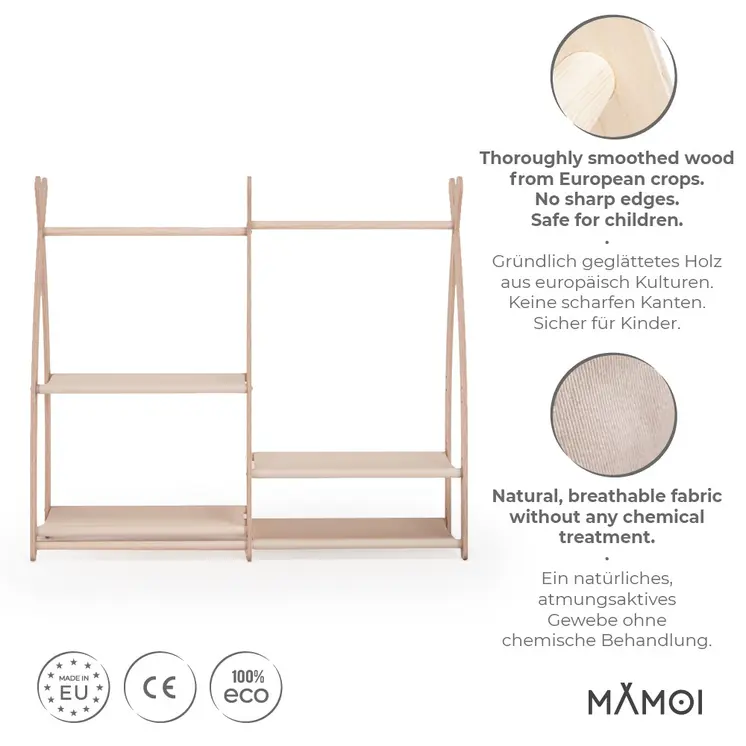 MAMOI® Children clothes rail Beige 95x106x32cm | Dressing up rail for kids made of natural wood | Baby wardrobe clothes storage modern design | Baby accessories | 100% ECO | MADE in EU