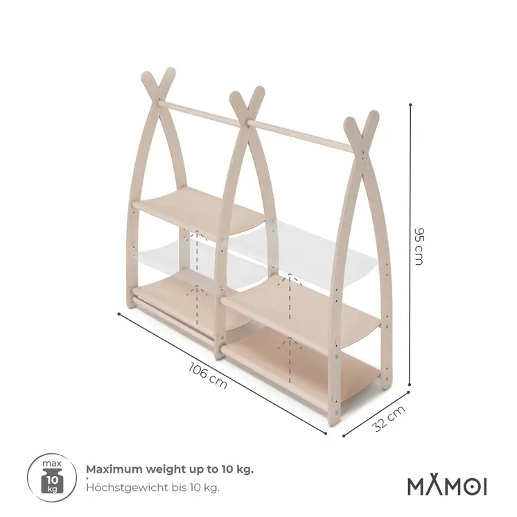 MAMOI® Children clothes rail Beige 95x106x32cm | Dressing up rail for kids made of natural wood | Baby wardrobe clothes storage modern design | Baby accessories | 100% ECO | MADE in EU