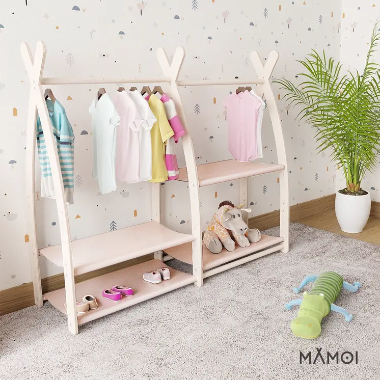 MAMOI® Children clothes rail Beige 95x106x32cm | Dressing up rail for kids made of natural wood | Baby wardrobe clothes storage modern design | Baby accessories | 100% ECO | MADE in EU
