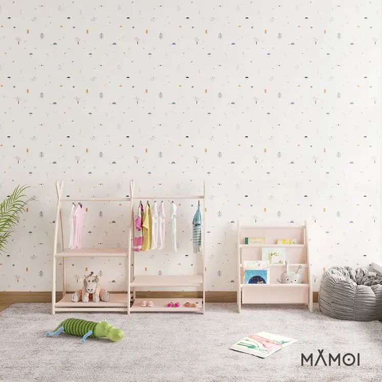 MAMOI® Children clothes rail Beige 95x106x32cm | Dressing up rail for kids made of natural wood | Baby wardrobe clothes storage modern design | Baby accessories | 100% ECO | MADE in EU