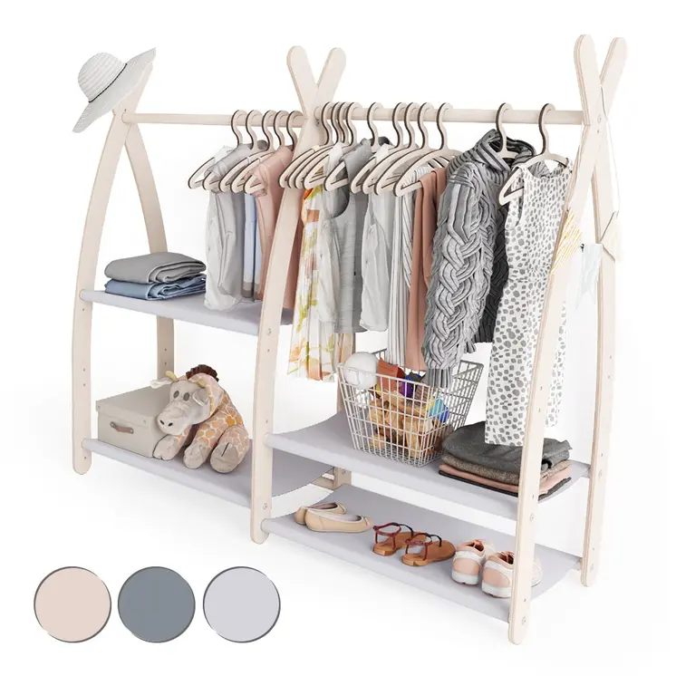 MAMOI® Children clothes rail Light grey 95x106x32cm | Dressing up rail for kids made of natural wood | Baby wardrobe clothes storage modern design | Baby accessories | 100% ECO | MADE in EU