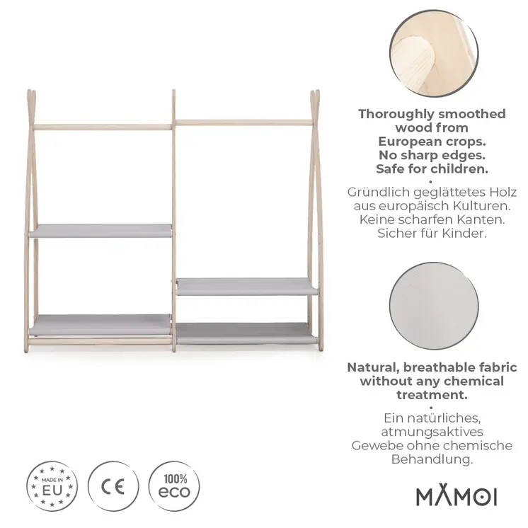 MAMOI® Children clothes rail Light grey 95x106x32cm | Dressing up rail for kids made of natural wood | Baby wardrobe clothes storage modern design | Baby accessories | 100% ECO | MADE in EU