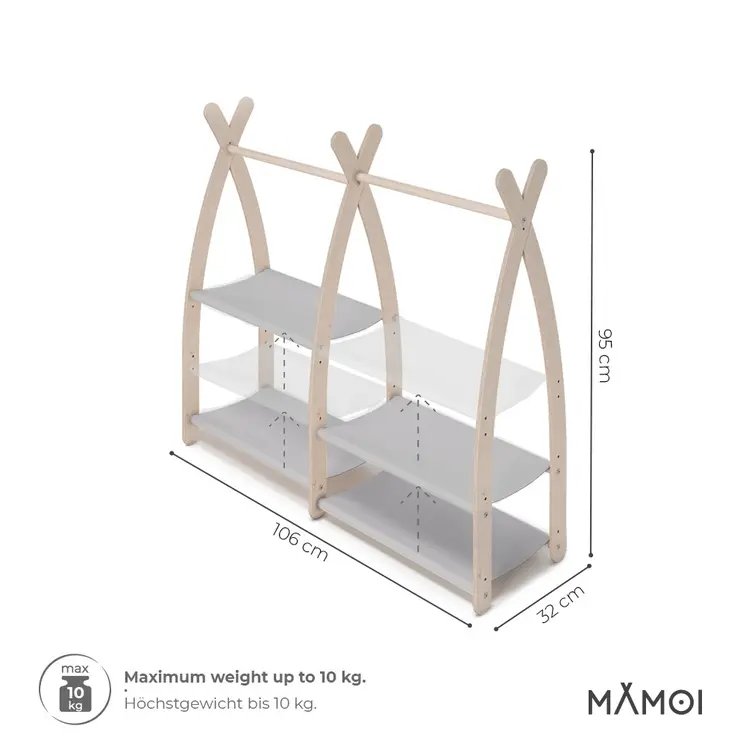 MAMOI® Children clothes rail Light grey 95x106x32cm | Dressing up rail for kids made of natural wood | Baby wardrobe clothes storage modern design | Baby accessories | 100% ECO | MADE in EU