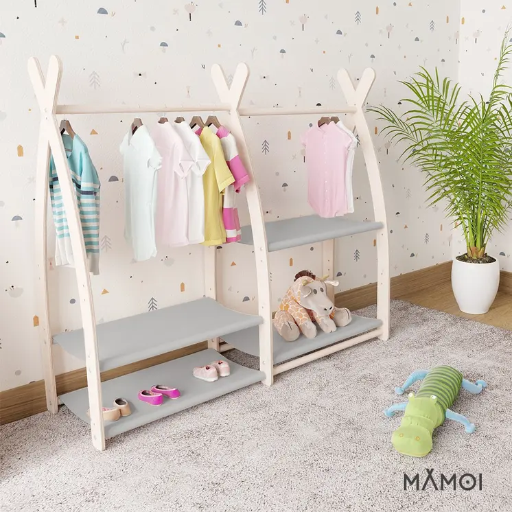 MAMOI® Children clothes rail Light grey 95x106x32cm | Dressing up rail for kids made of natural wood | Baby wardrobe clothes storage modern design | Baby accessories | 100% ECO | MADE in EU