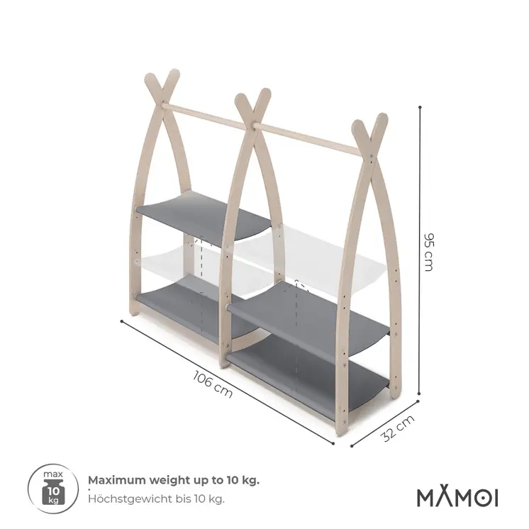 MAMOI® Kleiderstange Baby Kinderzimmer | Kinderkleiderstange 95x106x32cm | Kinder Kleiderständer Baby | Garderobenständer | Baby Garderobe | Kindergarderobe | 100% ECO | Made in EU