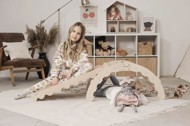 MAMOI® Kletterbogen mit rutsche, Kletterdreieck, Baby klettern, Regenbogenwippe aus holz, Holzbogen für Kinder, Rutschbrett für spielplatz, Klettergerüst indoor ab 1 jahr 2/3 jahre, Montessori