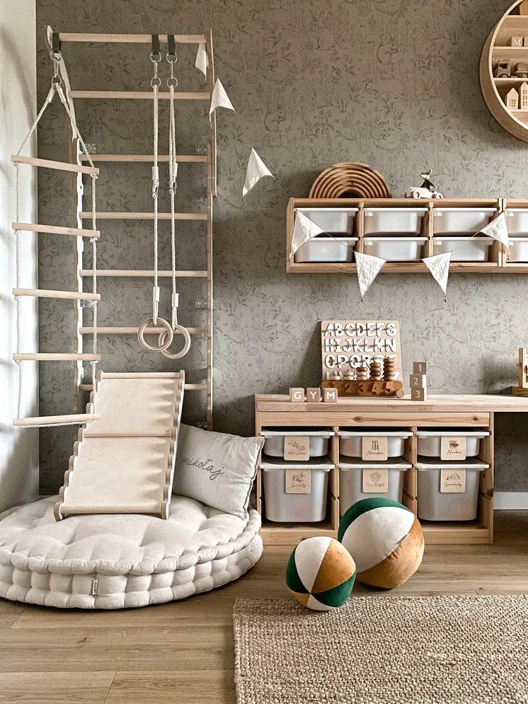 MAMOI® Espalier en bois, Mur escalade suedois pour enfant, Échelle suedoise pour bebe, Jeux descalade et gym avec accessoires, Barre et anneaux gymnastique