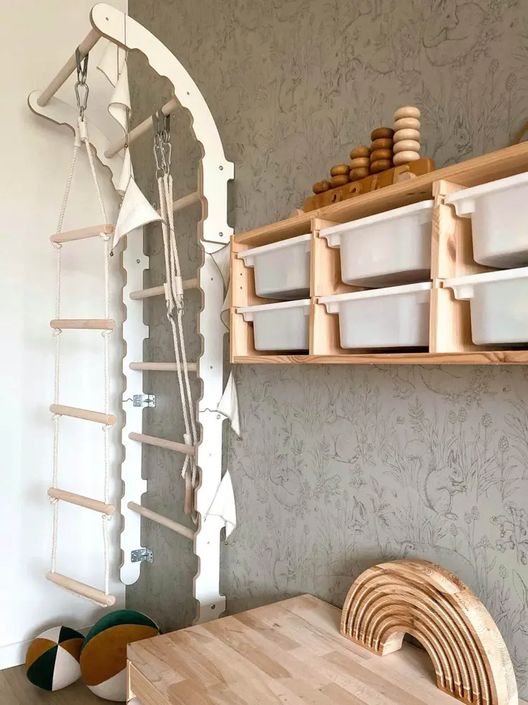 MAMOI® Espalier en bois, Mur escalade suedois pour enfant, Échelle suedoise pour bebe, Jeux descalade et gym avec accessoires, Barre et anneaux gymnastique