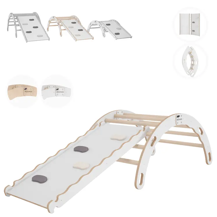 MAMOI® Triangle avec toboggan interieur, Mur escalade pour enfant, Aire de jeux pour bebe, Espalier en bois, Rocker arche à partir de 1/2/3 an, Bascule montessori