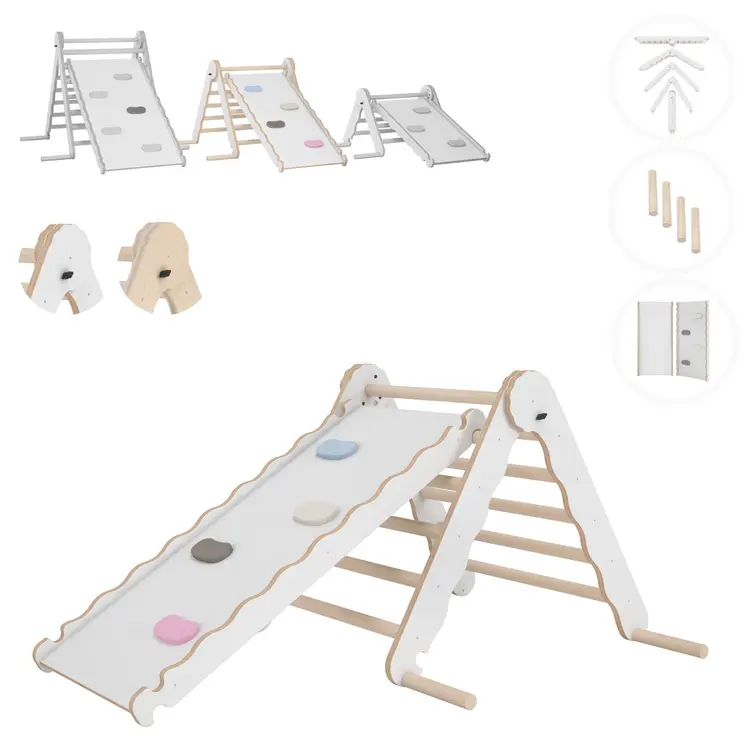 MAMOI® Klettergerüst indoor, Kletterdreieck mit rutsche holz, Baby kinder klettern, Kletterturm rutschbrett, Kletterbogen kinderrutsche, Regenbogenwippe, Montessori spielzeug ab 1 jahr 2/3 jahre