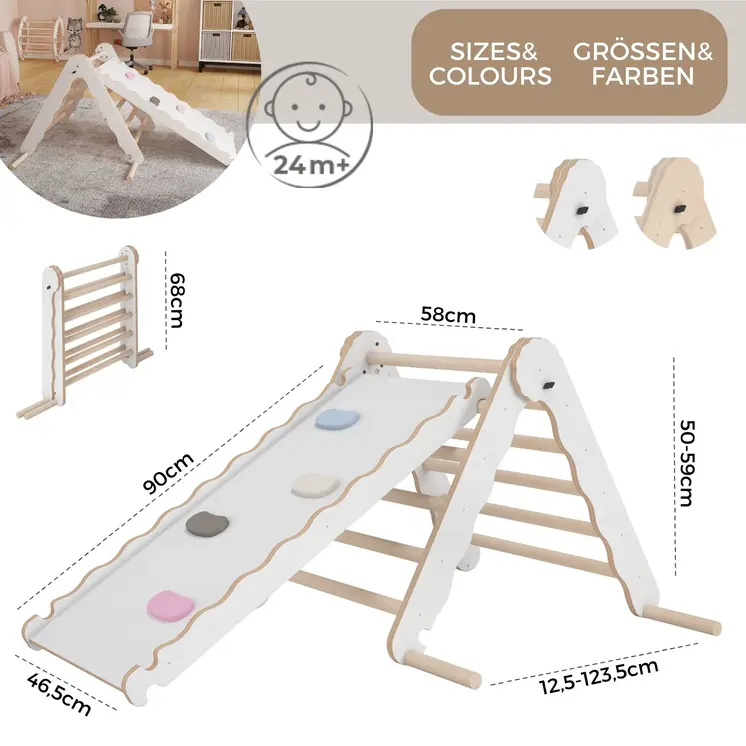 MAMOI® Klettergerüst indoor, Kletterdreieck mit rutsche holz, Baby kinder klettern, Kletterturm rutschbrett, Kletterbogen kinderrutsche, Regenbogenwippe, Montessori spielzeug ab 1 jahr 2/3 jahre