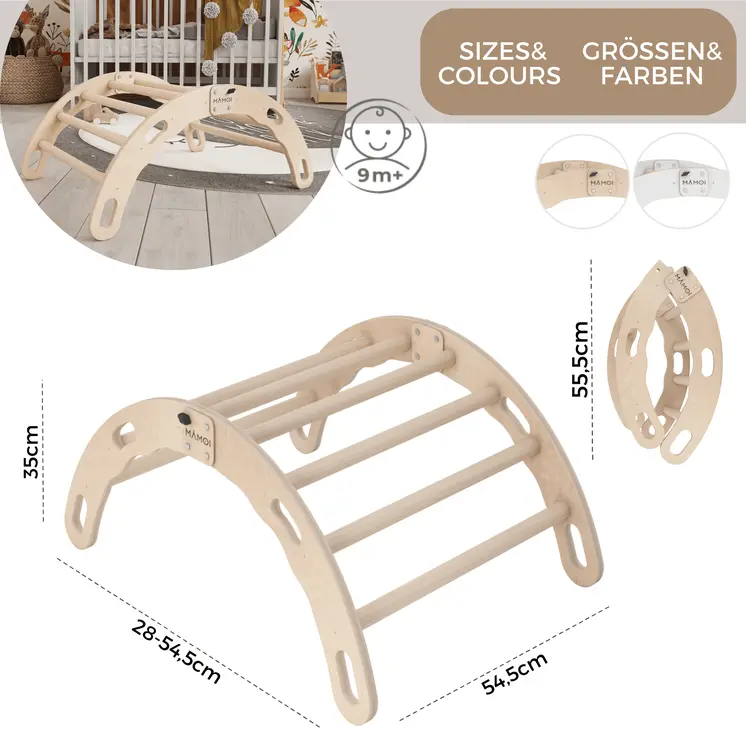 MAMOI® Kletterbogen, Kletterdreieck, Baby klettern, Regenbogenwippe aus holz, Holzbogen für Kinder, Spielplatz, Klettergerüst indoor ab 1 jahr 2/3 jahre, Montessori