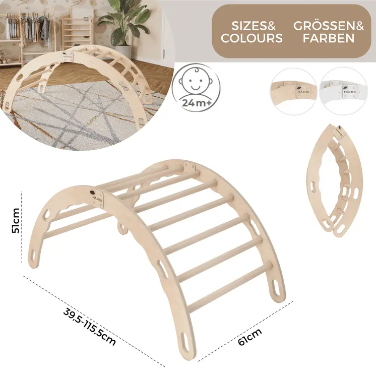 MAMOI® Triangle interieur, Mur escalade pour enfant, Aire de jeux pour bebe, Espalier en bois, Rocker arche à partir de 1/2/3 an, Bascule montessori