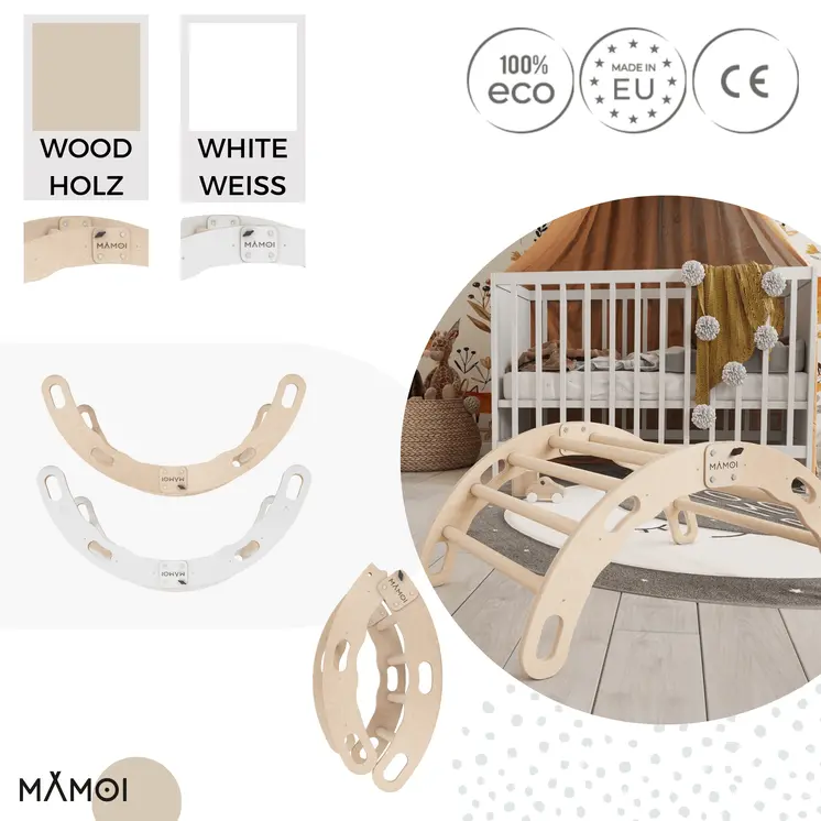 MAMOI® Kletterbogen, Kletterdreieck, Baby klettern, Regenbogenwippe aus holz, Holzbogen für Kinder, Spielplatz, Klettergerüst indoor ab 1 jahr 2/3 jahre, Montessori