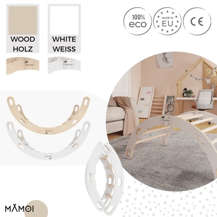 MAMOI® Kletterbogen, Kletterdreieck, Baby klettern, Regenbogenwippe aus holz, Holzbogen für Kinder, Spielplatz, Klettergerüst indoor ab 1 jahr 2/3 jahre, Montessori