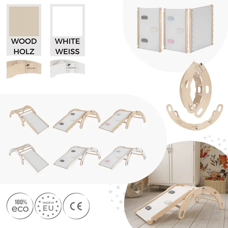 MAMOI® Indoor climbing frame for toddlers, Wooden baby gym with slide, Play gym rocker toys made of wood for toddler, Rockers montessori climbing frame age 1-3