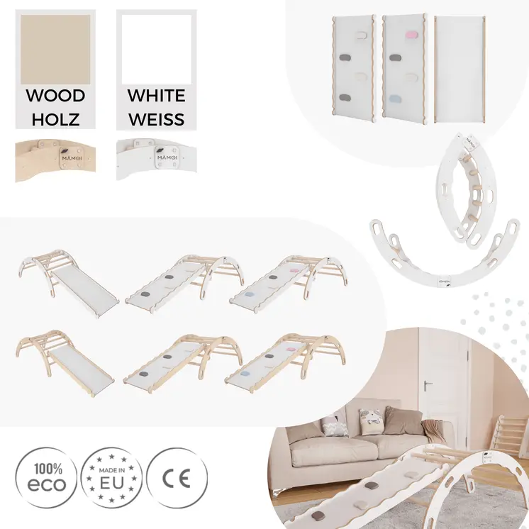 MAMOI® Triangle avec toboggan interieur, Mur escalade pour enfant, Aire de jeux pour bebe, Espalier en bois, Rocker arche à partir de 1/2/3 an, Bascule montessori