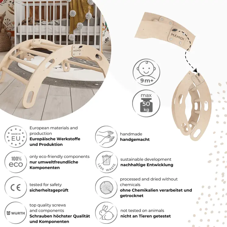 MAMOI® Kletterbogen, Kletterdreieck, Baby klettern, Regenbogenwippe aus holz, Holzbogen für Kinder, Spielplatz, Klettergerüst indoor ab 1 jahr 2/3 jahre, Montessori