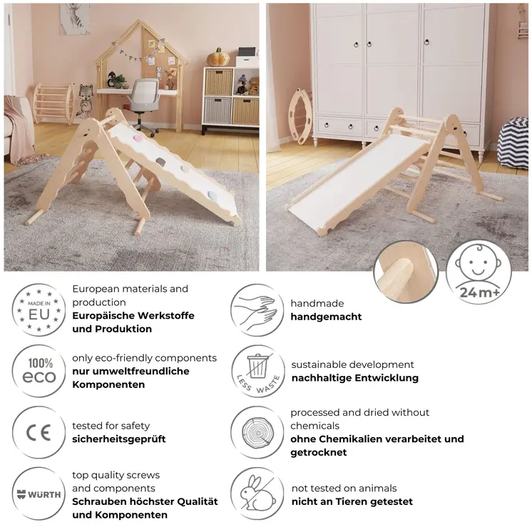 MAMOI® Triangle descalade avec toboggan interieur pour enfant, Mur escalade intérieur en bois pour bebe à partir de 1/2/3 an, Motricité libre montessori