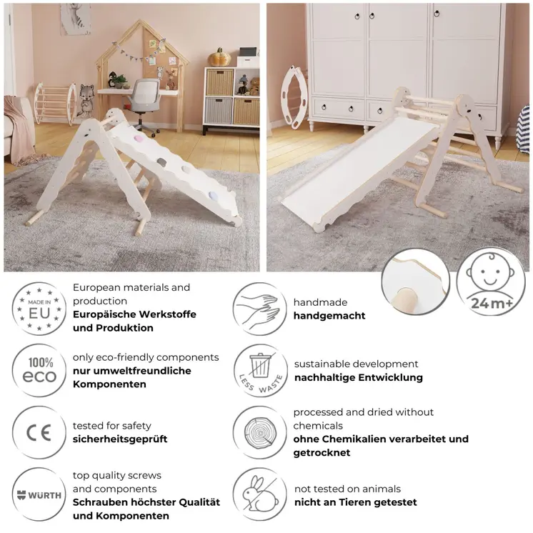 MAMOI® Klettergerüst indoor, Kletterdreieck mit rutsche holz, Baby kinder klettern, Kletterturm rutschbrett, Kletterbogen kinderrutsche, Regenbogenwippe, Montessori spielzeug ab 1 jahr 2/3 jahre
