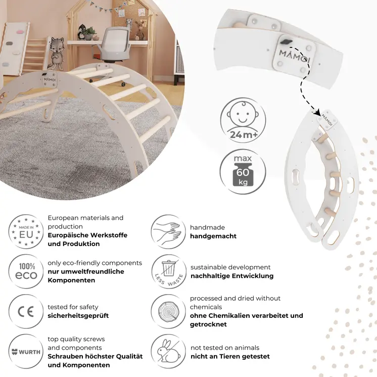 MAMOI® Kletterbogen, Kletterdreieck, Baby klettern, Regenbogenwippe aus holz, Holzbogen für Kinder, Spielplatz, Klettergerüst indoor ab 1 jahr 2/3 jahre, Montessori