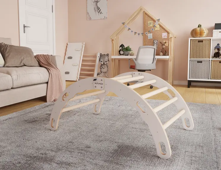 MAMOI® Kletterbogen, Kletterdreieck, Baby klettern, Regenbogenwippe aus holz, Holzbogen für Kinder, Spielplatz, Klettergerüst indoor ab 1 jahr 2/3 jahre, Montessori