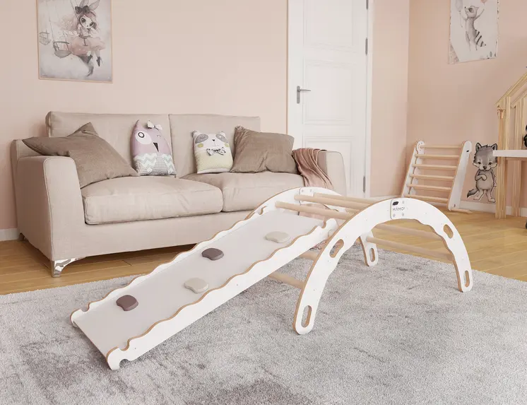 MAMOI® Triangle avec toboggan interieur, Mur escalade pour enfant, Aire de jeux pour bebe, Espalier en bois, Rocker arche à partir de 1/2/3 an, Bascule montessori