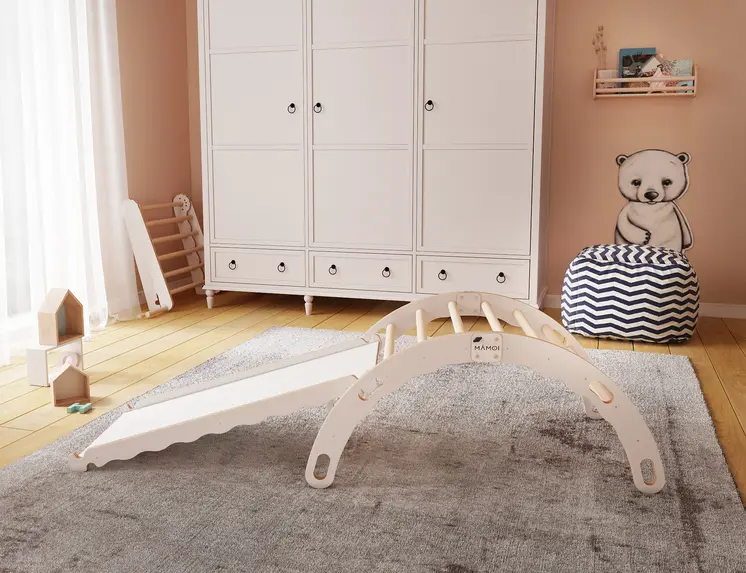 MAMOI® Triangle avec toboggan interieur, Mur escalade pour enfant, Aire de jeux pour bebe, Espalier en bois, Rocker arche à partir de 1/2/3 an, Bascule montessori