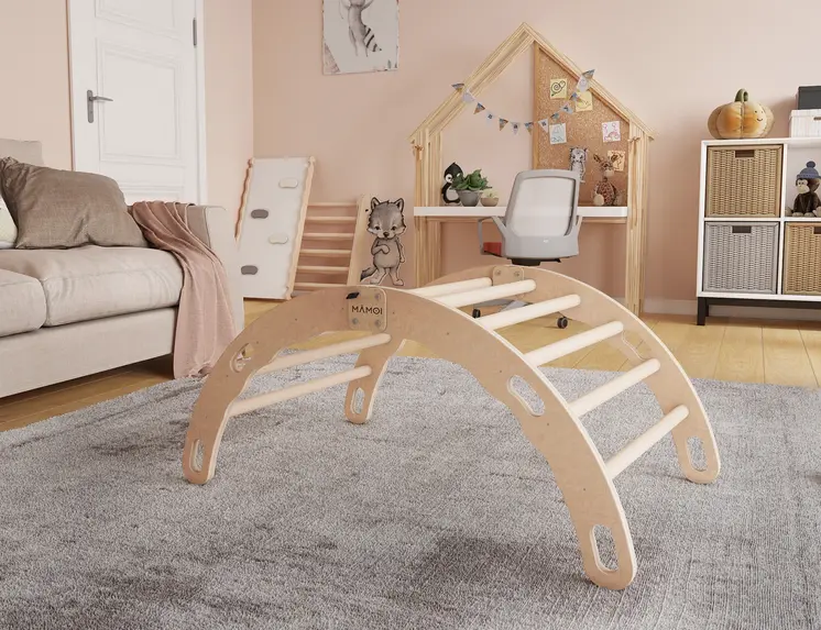 MAMOI® Kletterbogen, Kletterdreieck, Baby klettern, Regenbogenwippe aus holz, Holzbogen für Kinder, Spielplatz, Klettergerüst indoor ab 1 jahr 2/3 jahre, Montessori