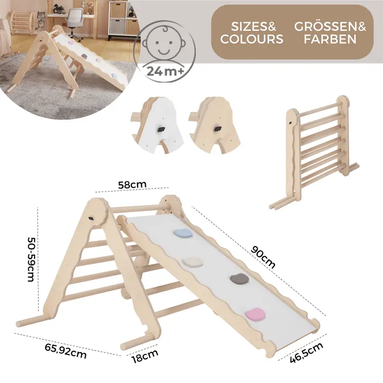 MAMOI® Triangle descalade avec toboggan interieur pour enfant, Mur escalade intérieur en bois pour bebe à partir de 1/2/3 an, Motricité libre montessori