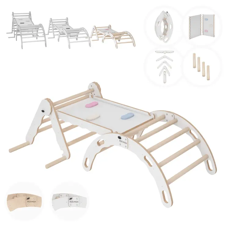 MAMOI® Set : Triangle, arche escalade et toboggan pour enfant, Structure motricité interieur pour bébé, Mur descalade et tobogan intérieur en bois pour bebe, Motricite montessori 3 ans