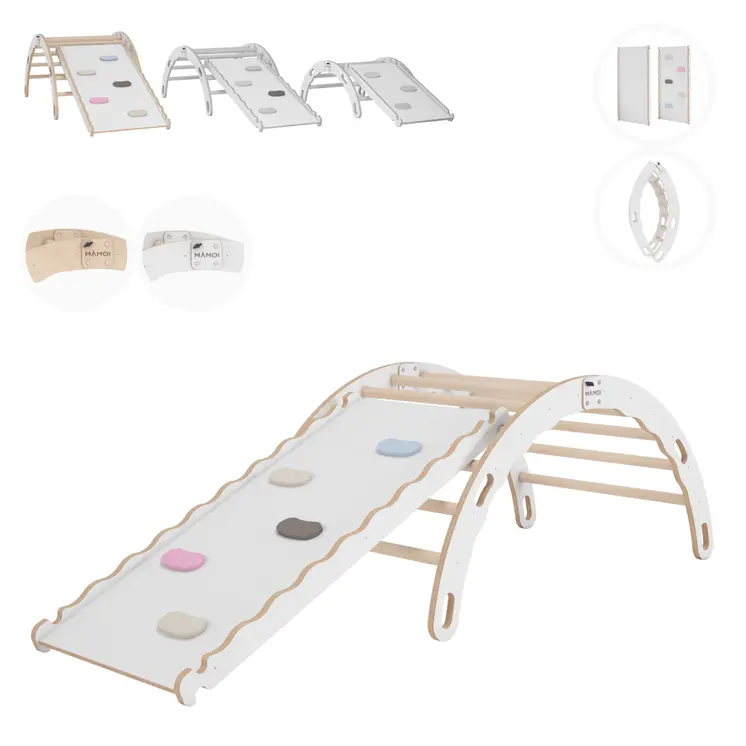 MAMOI® Kletterbogen mit rutsche, Kletterdreieck, Baby klettern, Regenbogenwippe aus holz, Holzbogen für Kinder, Rutschbrett für spielplatz, Klettergerüst indoor ab 1 jahr 2/3 jahre, Montessori