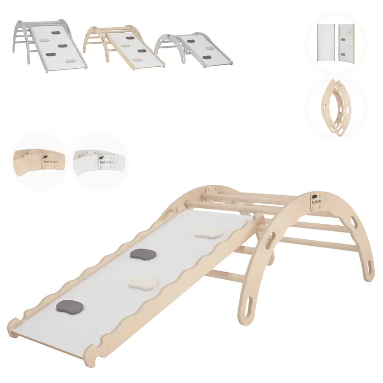 MAMOI® Kletterbogen mit rutsche, Kletterdreieck, Baby klettern, Regenbogenwippe aus holz, Holzbogen für Kinder, Rutschbrett für spielplatz, Klettergerüst indoor ab 1 jahr 2/3 jahre, Montessori