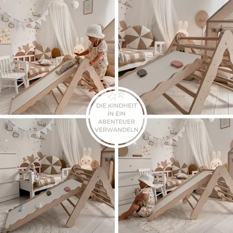 MAMOI® Triangle descalade avec toboggan interieur pour enfant, Mur escalade intérieur en bois pour bebe à partir de 1/2/3 an, Motricité libre montessori