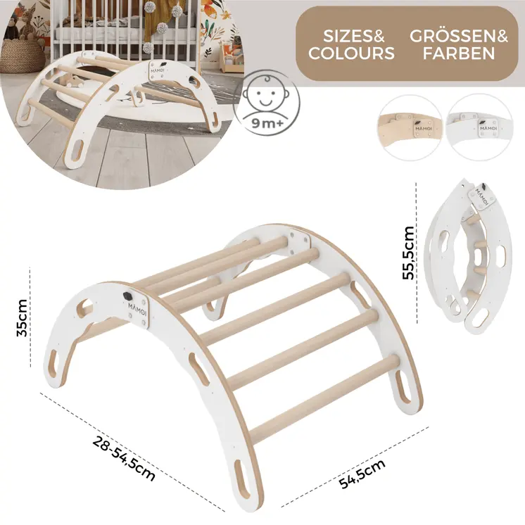 MAMOI® Kletterbogen, Kletterdreieck, Baby klettern, Regenbogenwippe aus holz, Holzbogen für Kinder, Spielplatz, Klettergerüst indoor ab 1 jahr 2/3 jahre, Montessori