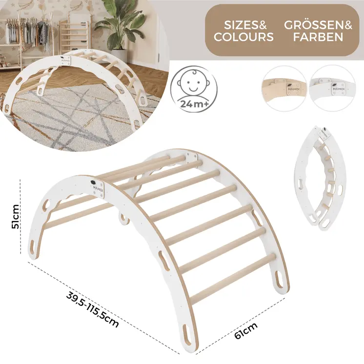 MAMOI® Kletterbogen, Kletterdreieck, Baby klettern, Regenbogenwippe aus holz, Holzbogen für Kinder, Spielplatz, Klettergerüst indoor ab 1 jahr 2/3 jahre, Montessori