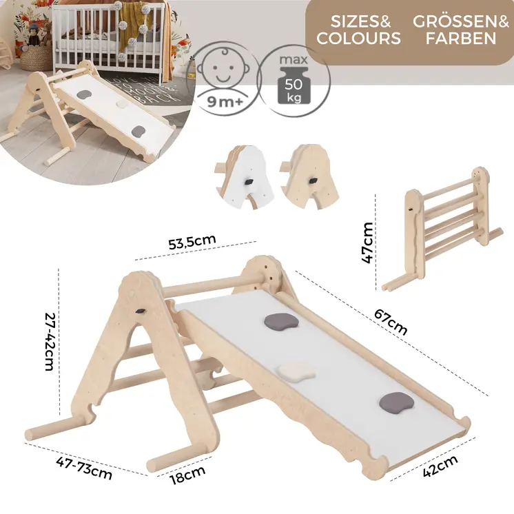 MAMOI® Triangle descalade avec toboggan interieur pour enfant, Mur escalade intérieur en bois pour bebe à partir de 1/2/3 an, Motricité libre montessori