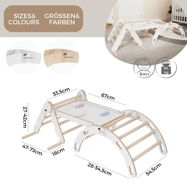 MAMOI® Set : Triangle, arche escalade et toboggan pour enfant, Structure motricité interieur pour bébé, Mur descalade et tobogan intérieur en bois pour bebe, Motricite montessori 3 ans