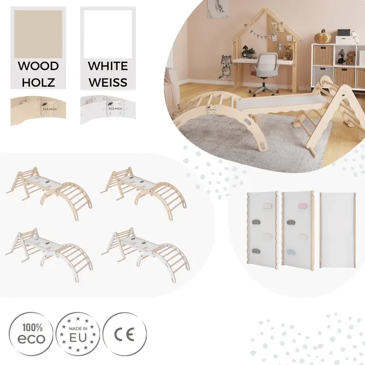 MAMOI® Set Klettergerüst indoor, Kletterdreieck mit rutsche aus holz, Kletterbogen, Baby kinder klettern, Regenbogenwippe mit Rutschbrett, Holzbogen für Spielplatz ab 1/2/3 jahre, Montessori